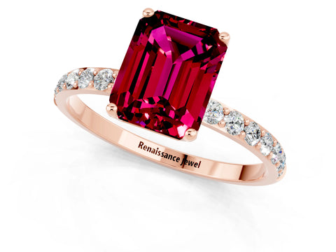 Rose gold Emerald Cut Garnet Solitaire Engagement Ring with Pavé Band and Prong Setting_1