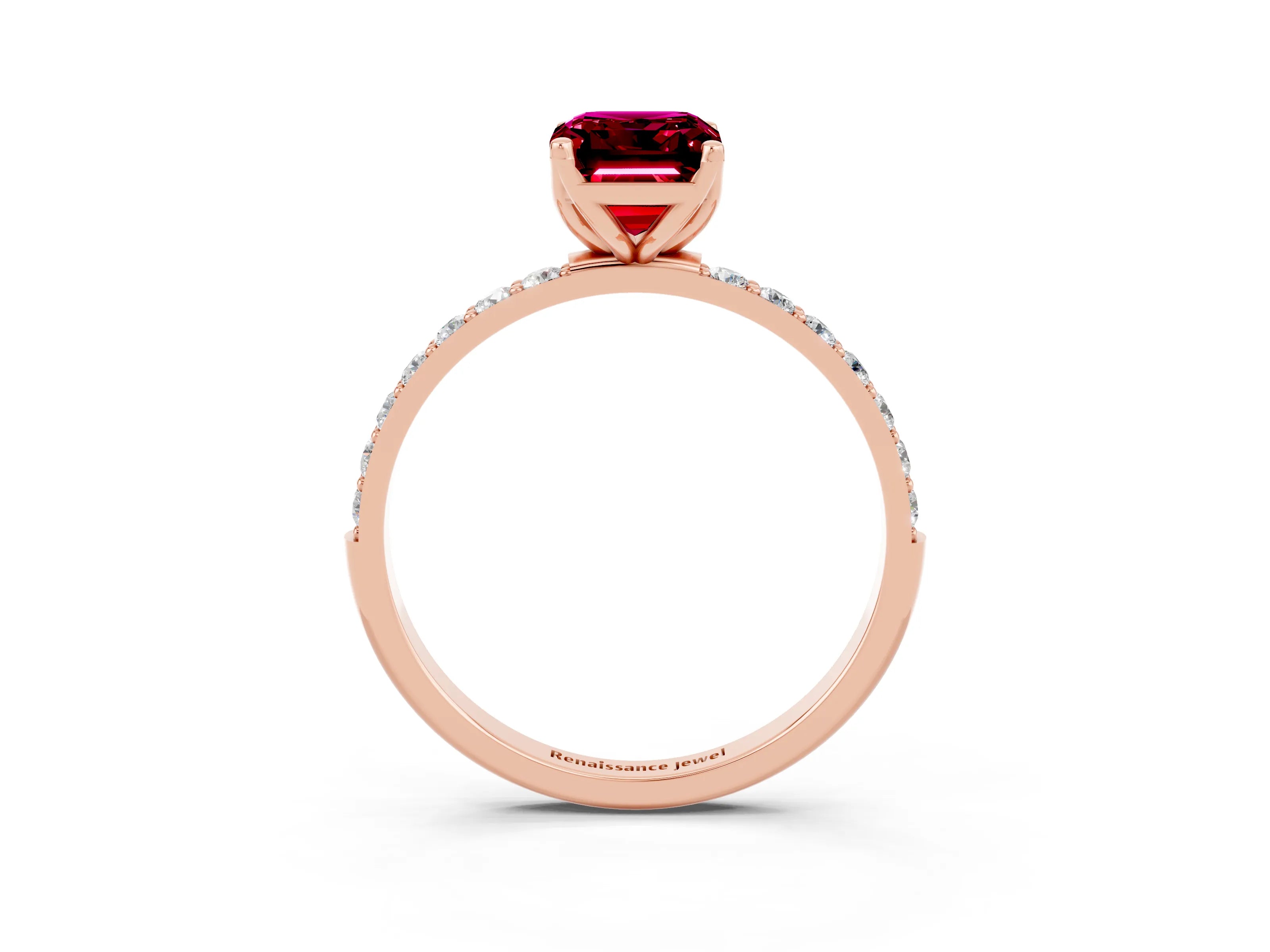 Rose gold Emerald Cut Garnet Solitaire Engagement Ring with Pavé Band and Prong Setting_3