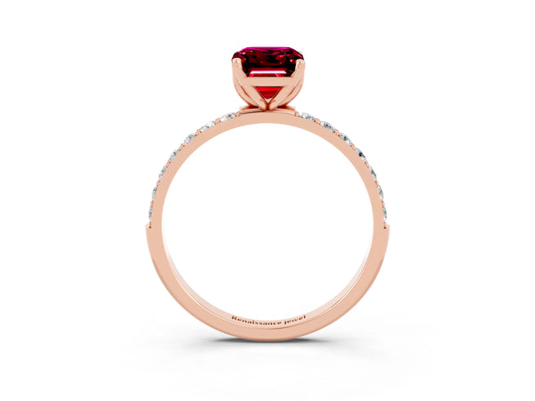Rose gold Emerald Cut Garnet Solitaire Engagement Ring with Round  Pavé Band and Prong Setting