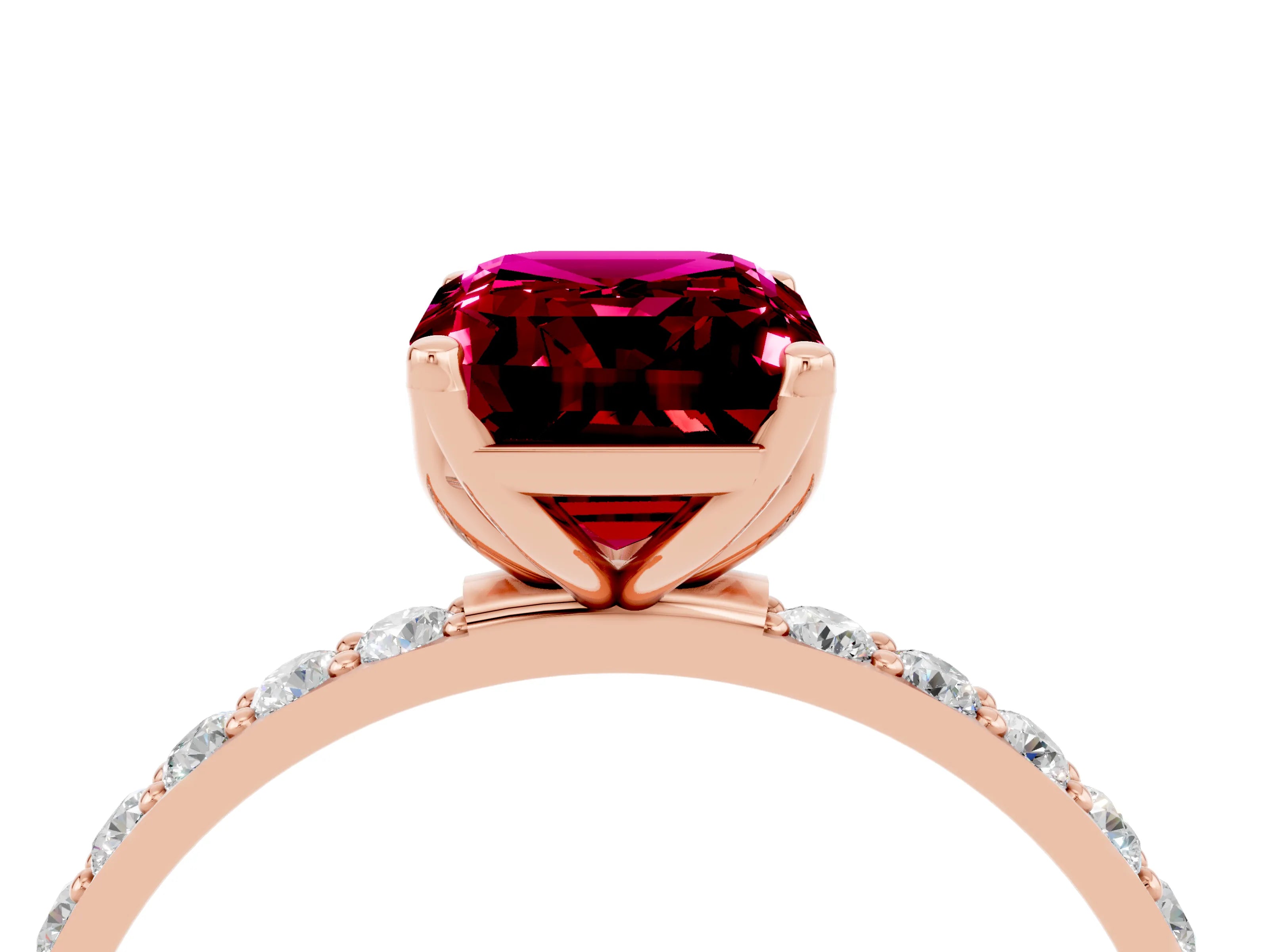 Rose gold Emerald Cut Garnet Solitaire Engagement Ring with Pavé Band and Prong Setting_4