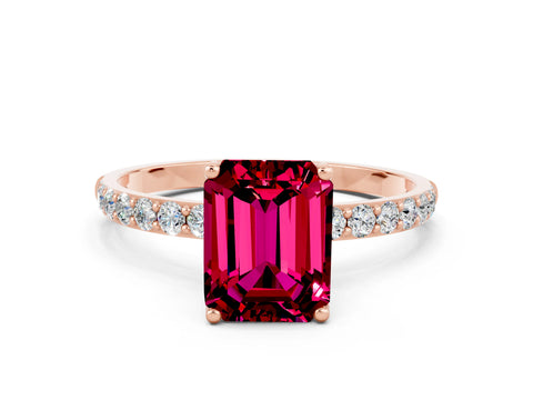 Rose gold Emerald Cut Garnet Solitaire Engagement Ring with Pavé Band and Prong Setting