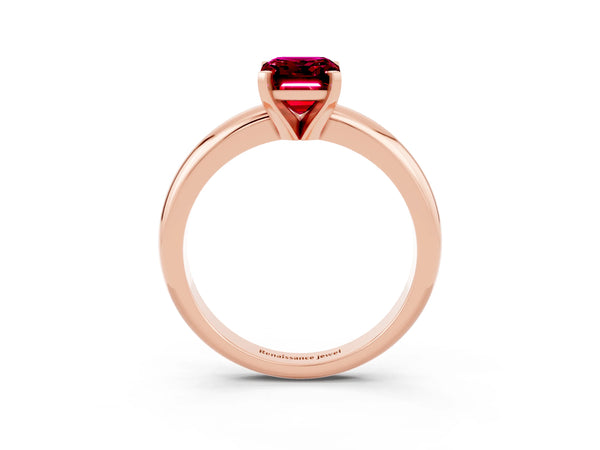 Rose gold Emerald Cut Garnet Solitaire Engagement Ring with Round Band and Four-Prong Setting