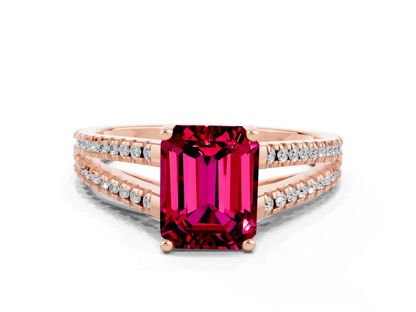 Rose gold Emerald Cut Garnet Solitaire Engagement Ring with Split Shank Pavé Band