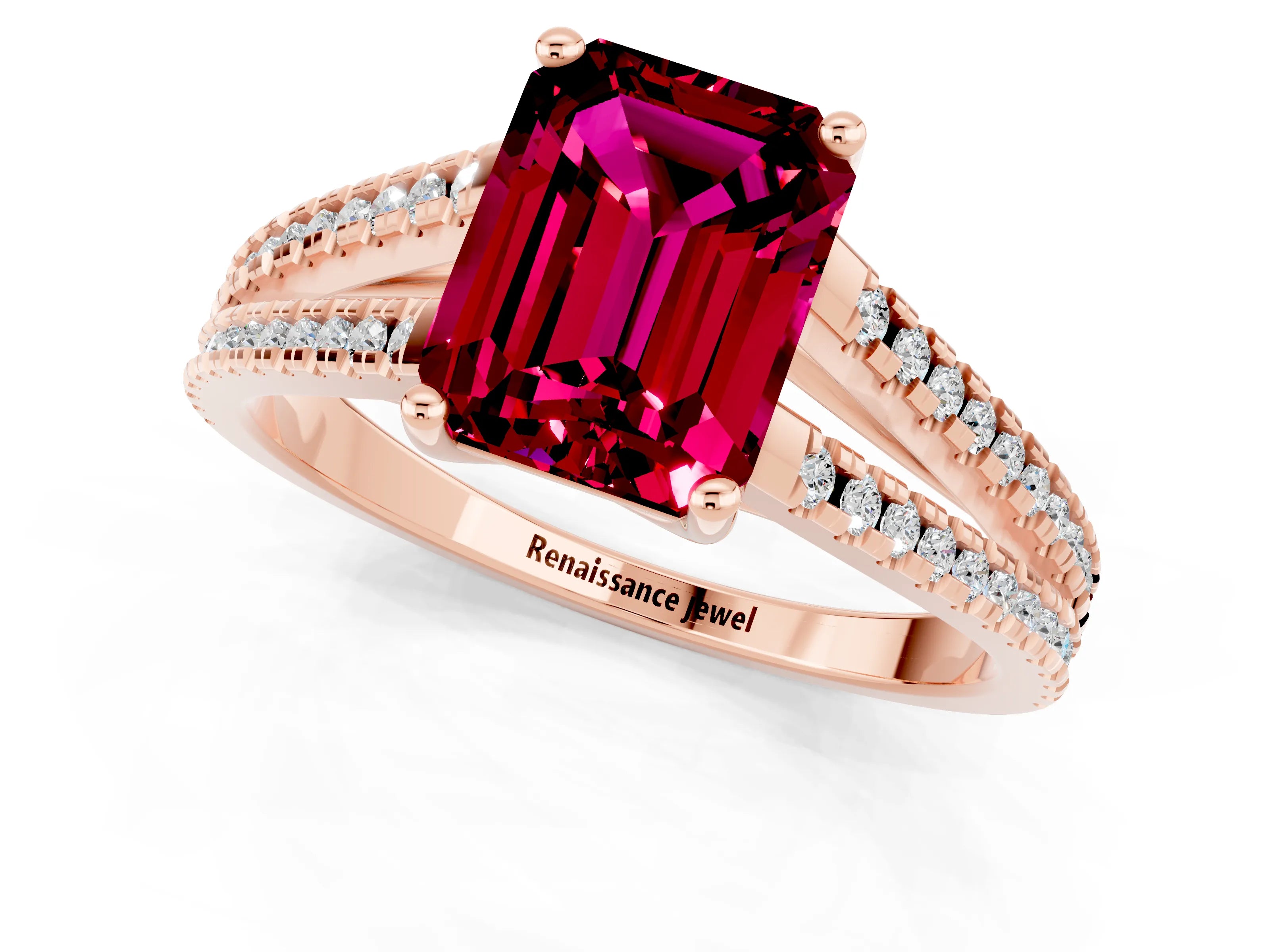 Rose gold Emerald Cut Garnet Solitaire Engagement Ring with Split Shank Pavé Band_1