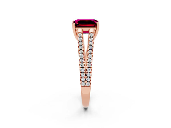 Rose gold Emerald Cut Garnet Solitaire Engagement Ring with Split Shank Pavé Band