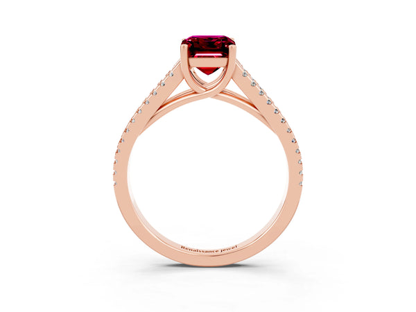Rose gold Emerald Cut Garnet Solitaire Engagement Ring with Split Shank Pavé Band