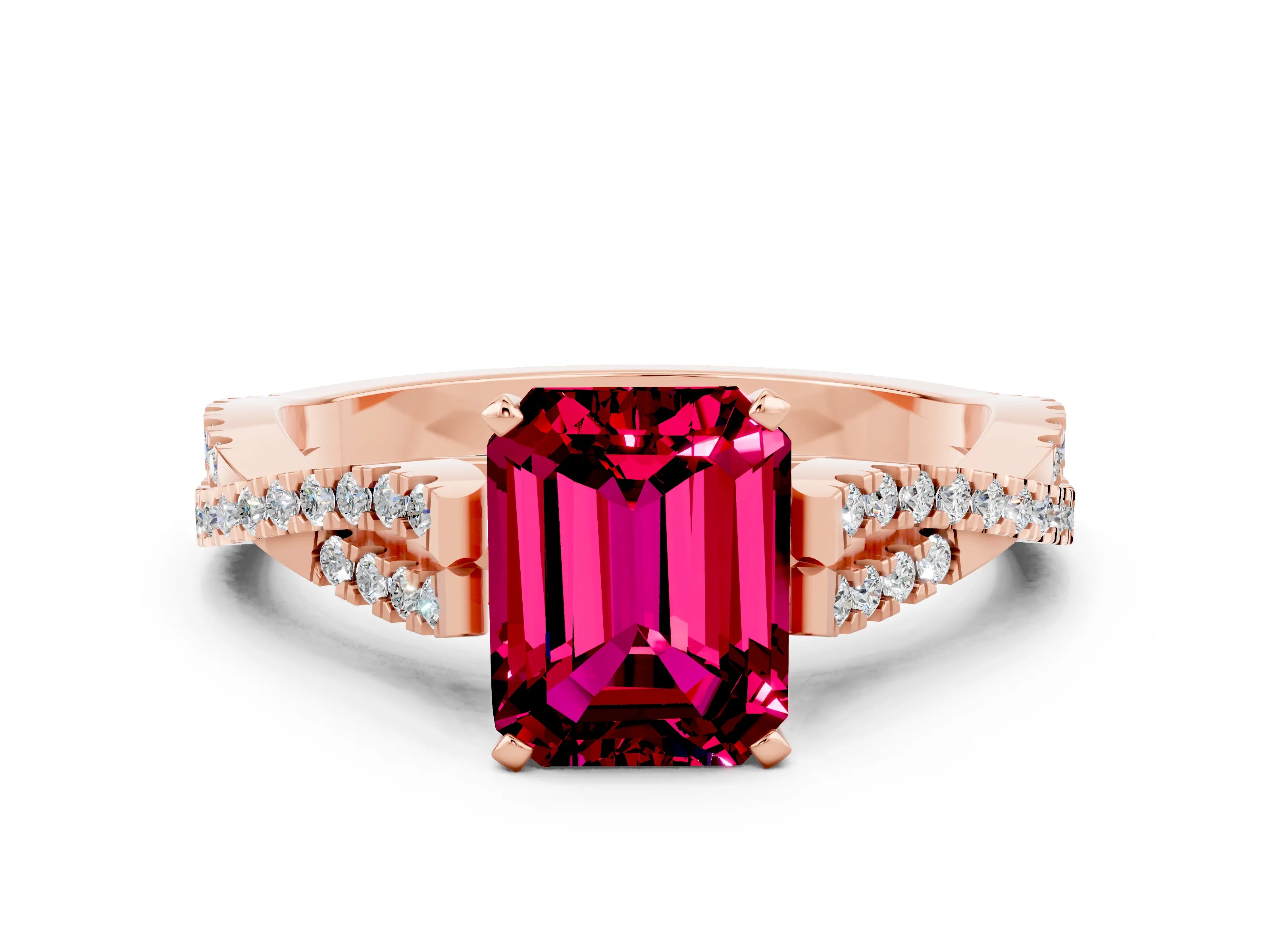 Rose gold Emerald Cut Garnet Solitaire Engagement Ring with Twisted Pavé Band and Four-Prong Setting