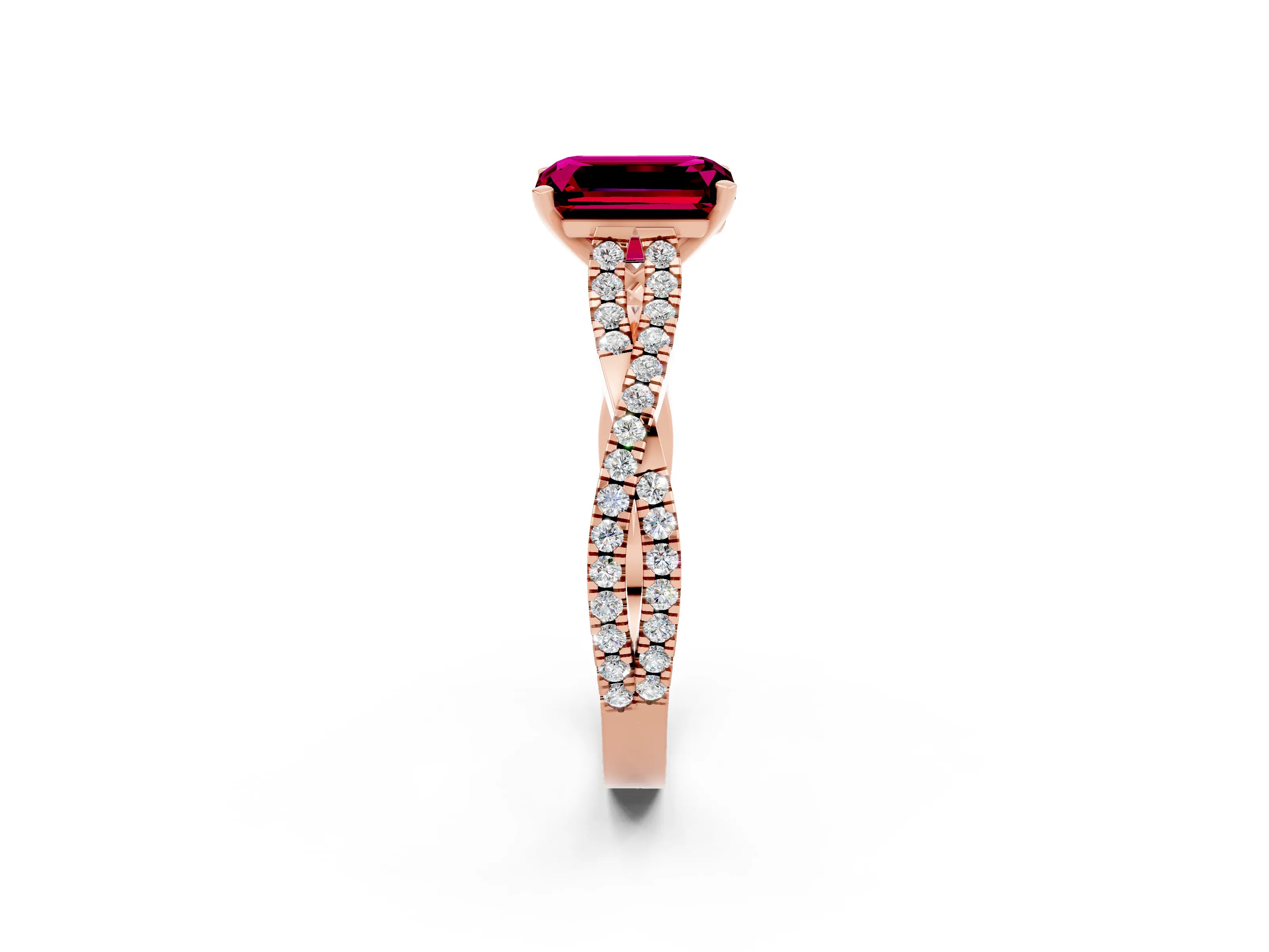 Rose gold Emerald Cut Garnet Solitaire Engagement Ring with Twisted Pavé Band and Four-Prong Setting_2
