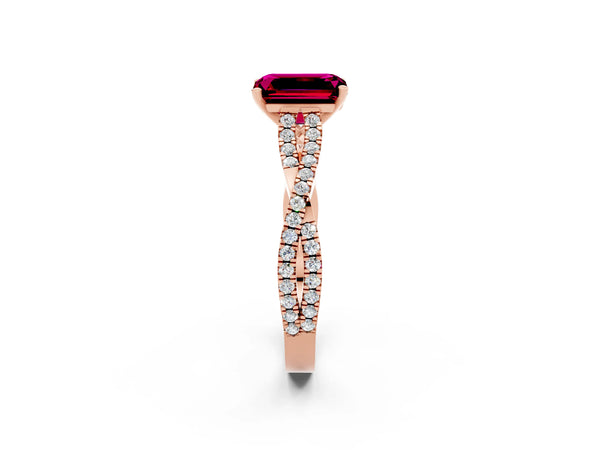 Rose gold Emerald Cut Garnet Solitaire Engagement Ring with Twisted Pavé Band and Four-Prong Setting