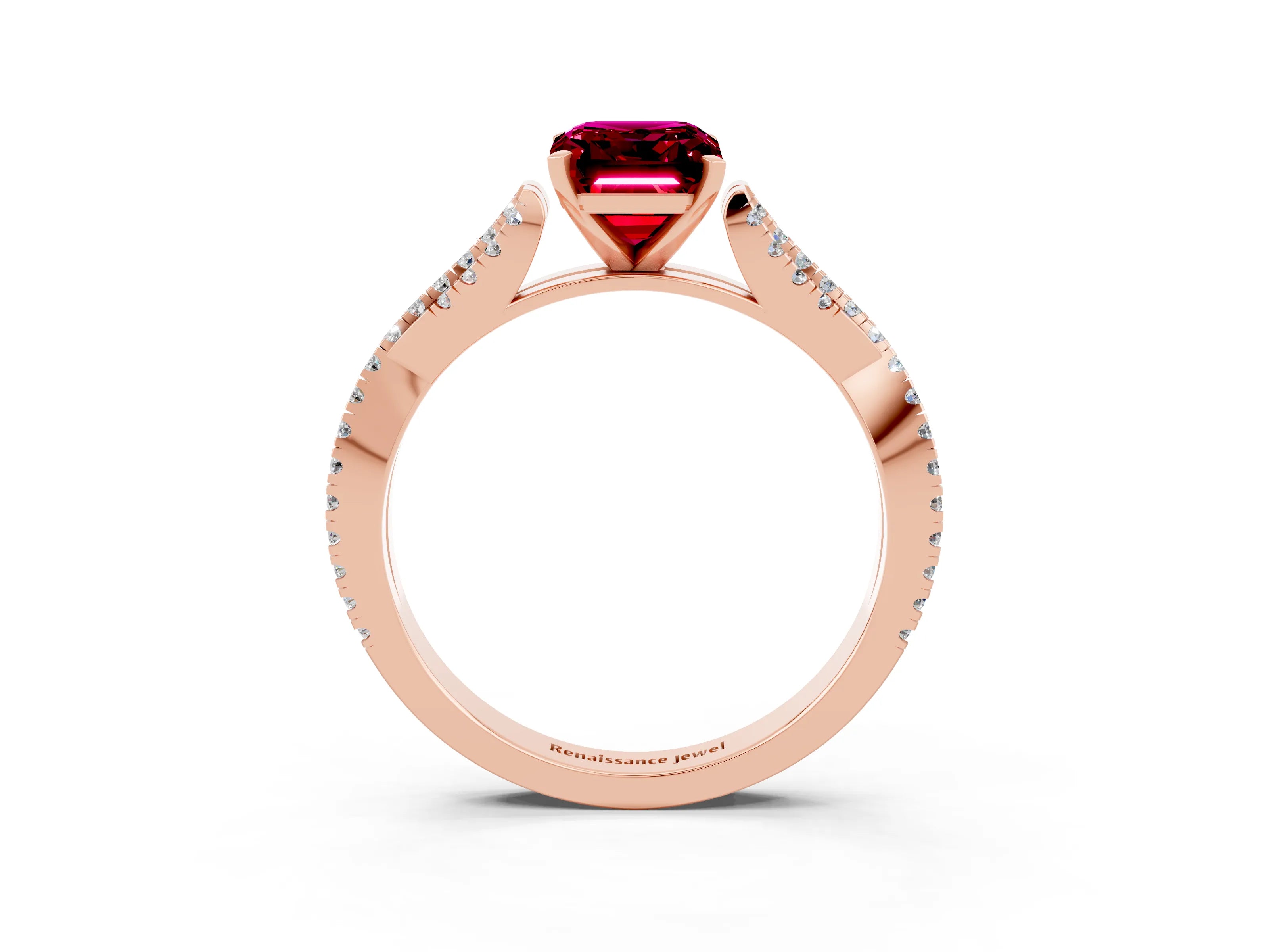 Rose gold Emerald Cut Garnet Solitaire Engagement Ring with Twisted Pavé Band and Four-Prong Setting_3
