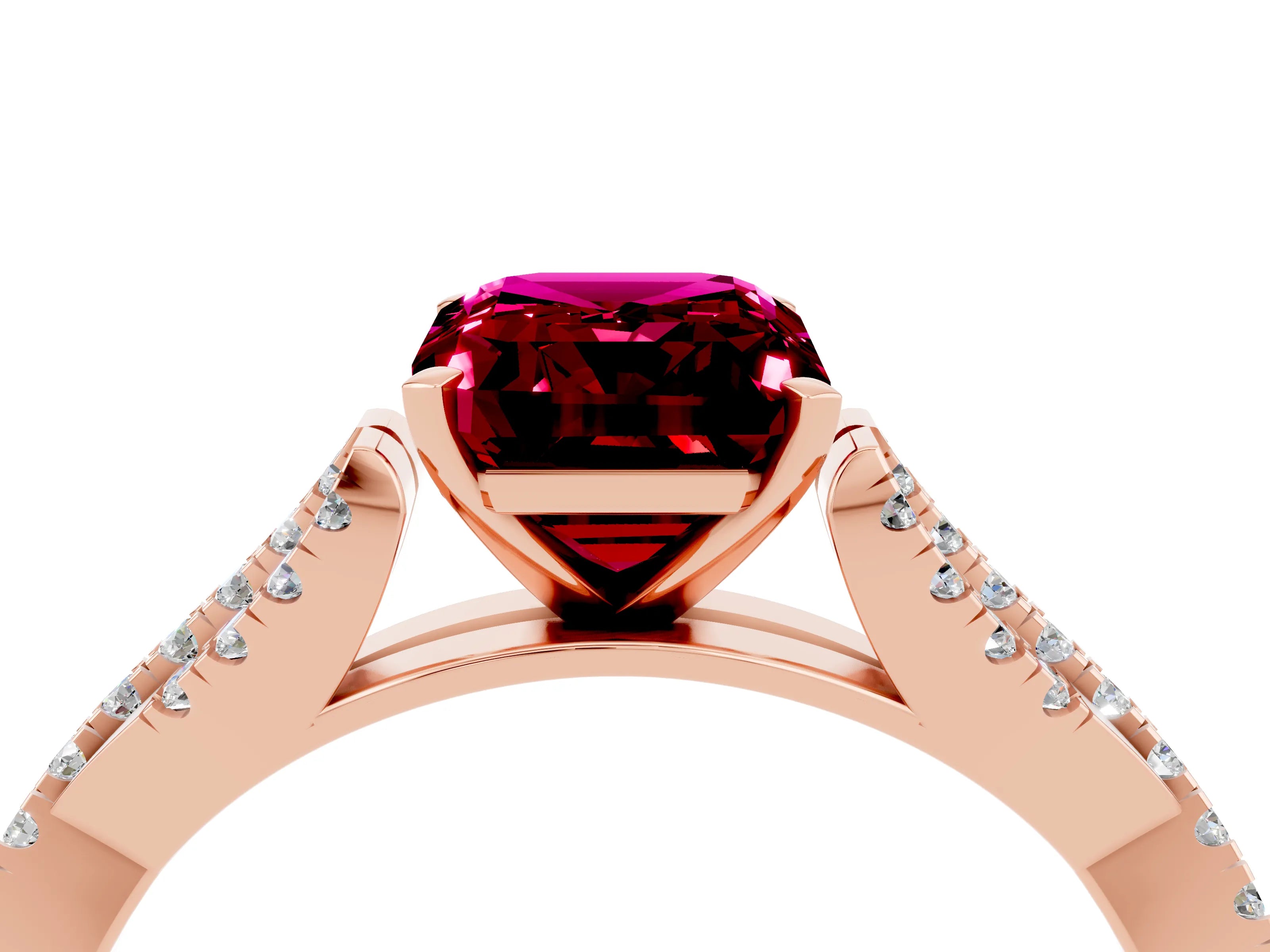 Rose gold Emerald Cut Garnet Solitaire Engagement Ring with Twisted Pavé Band and Four-Prong Setting_4