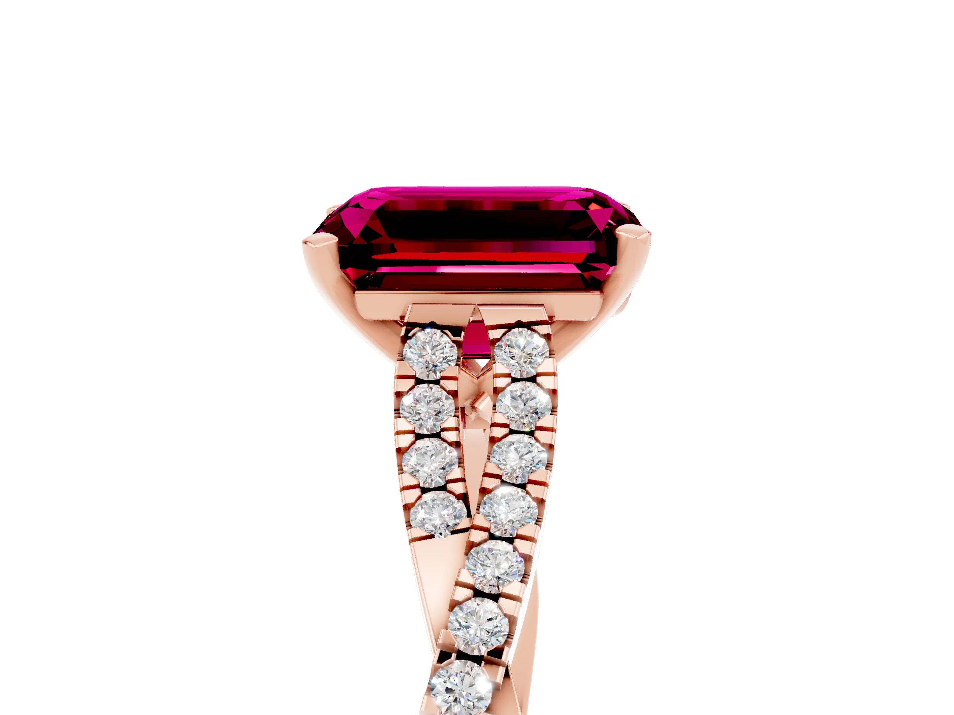 Rose gold Emerald Cut Garnet Solitaire Engagement Ring with Twisted Pavé Band and Four-Prong Setting_5