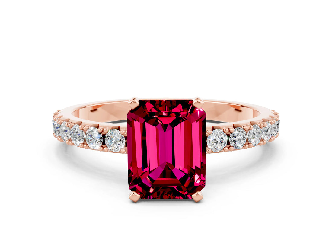 Rose gold Emerald Cut Garnet Solitaire Pavé Band with Four-Prong Setting