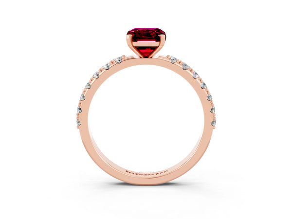 Rose gold Emerald Cut Garnet Solitaire Pavé Band with Four-Prong Setting