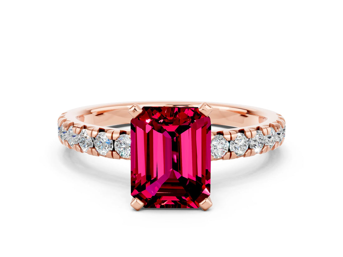 Rose gold Emerald Cut Garnet Solitaire Pavé Engagement Ring with Round Band and Prong Setting_60