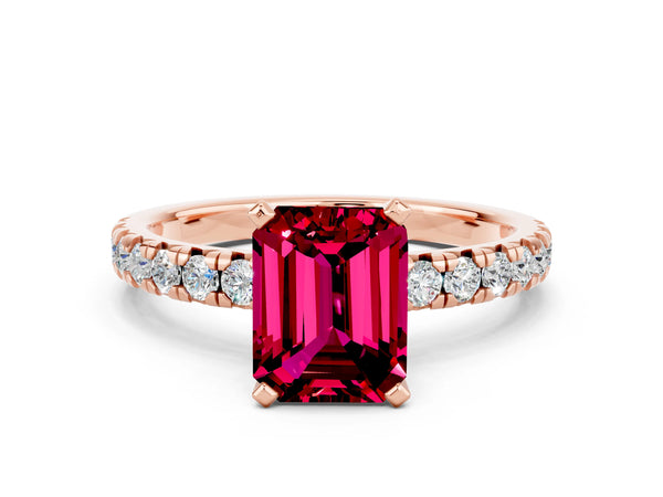 Rose gold Emerald Cut Garnet Solitaire Pavé Engagement Ring with Round Band and Prong Setting