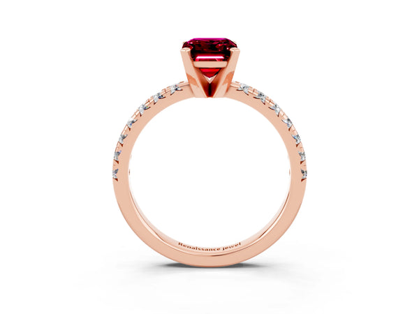 Rose gold Emerald Cut Garnet Solitaire Pavé Engagement Ring with Round Band and Prong Setting