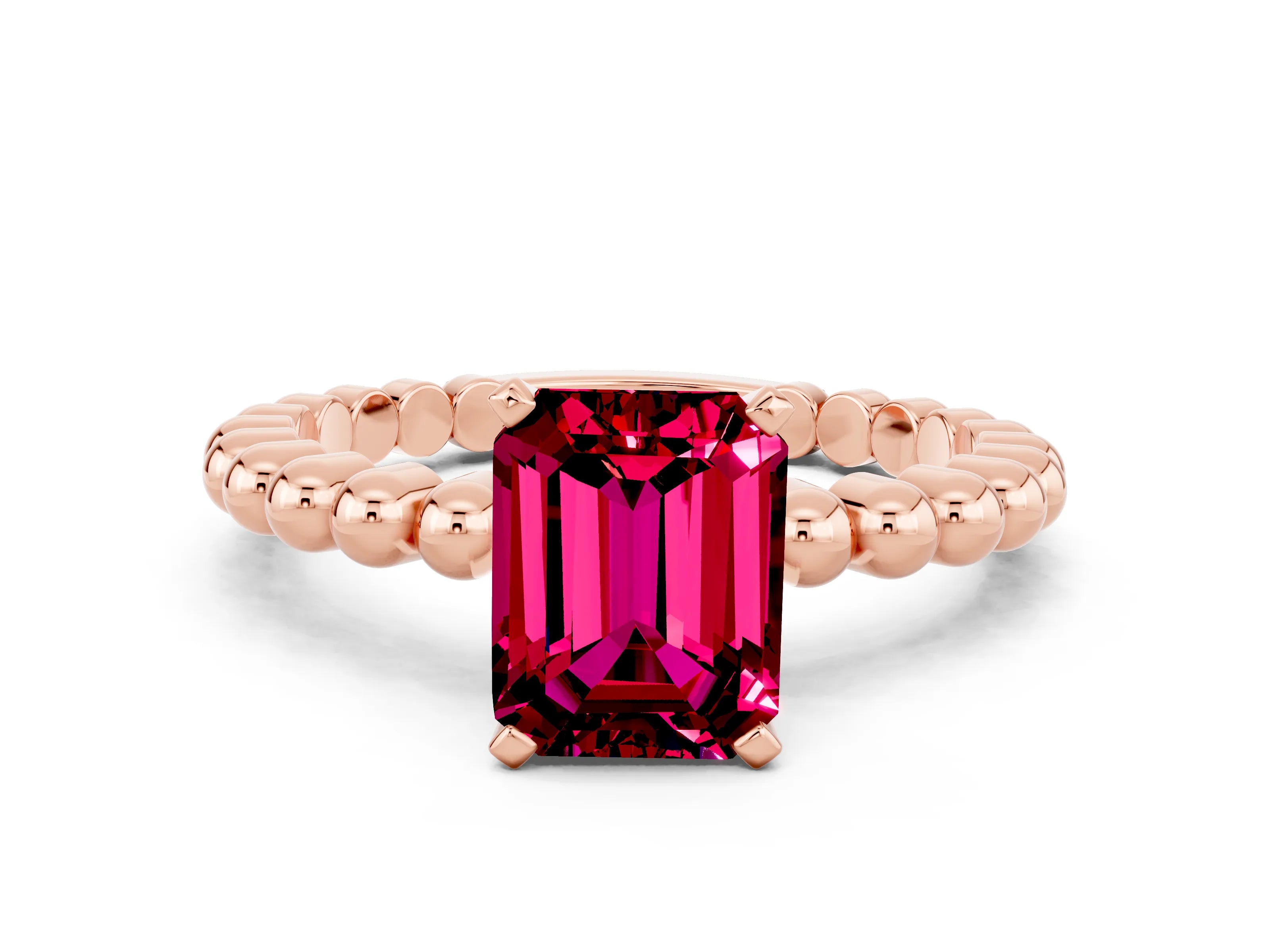 Rose gold Emerald Cut Garnet Solitaire Ring with Beaded Band and Prong Setting
