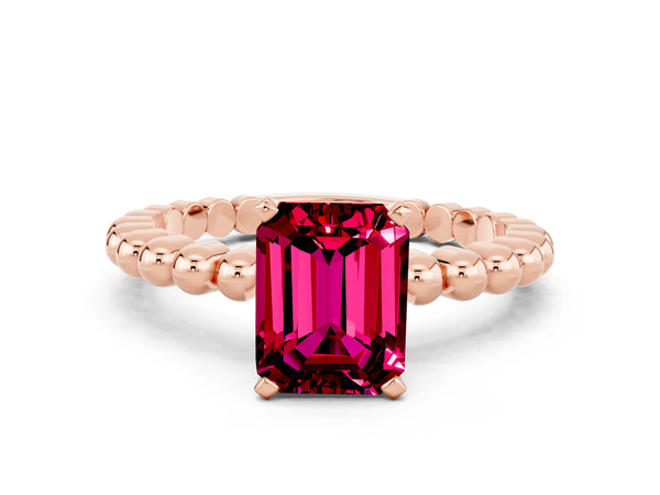 Rose gold Emerald Cut Garnet Solitaire Ring with Beaded Band and Prong Setting
