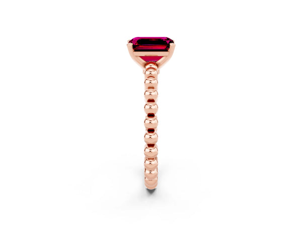 Rose gold Emerald Cut Garnet Solitaire Ring with Beaded Band and Prong Setting