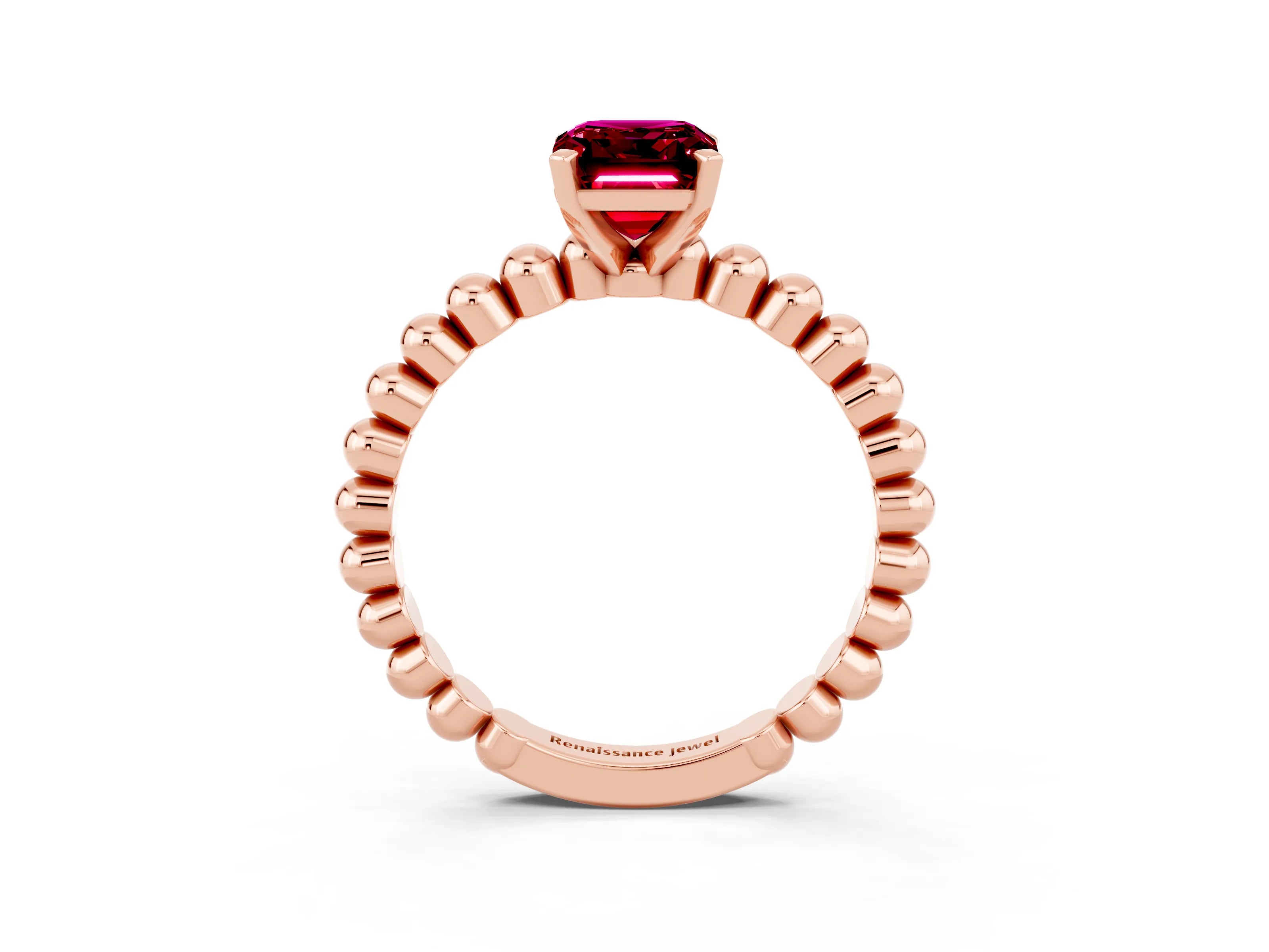 Rose gold Emerald Cut Garnet Solitaire Ring with Beaded Band and Prong Setting_3