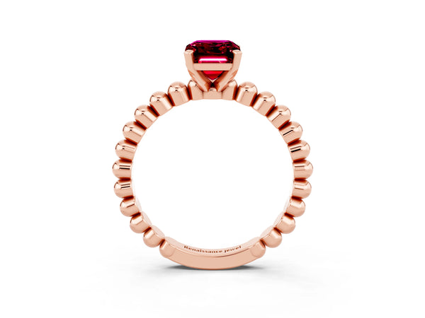 Rose gold Emerald Cut Garnet Solitaire Ring with Beaded Band and Prong Setting
