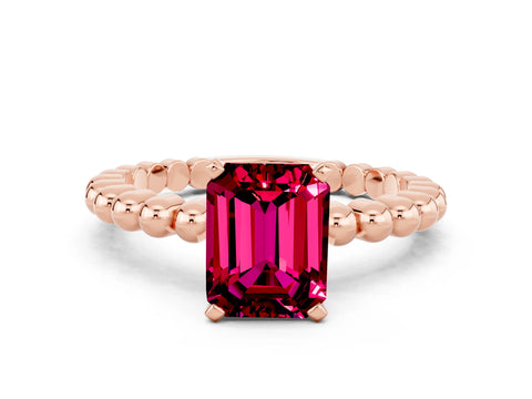 Rose gold Emerald Cut Garnet Solitaire Ring with Beaded Band and Prong Setting