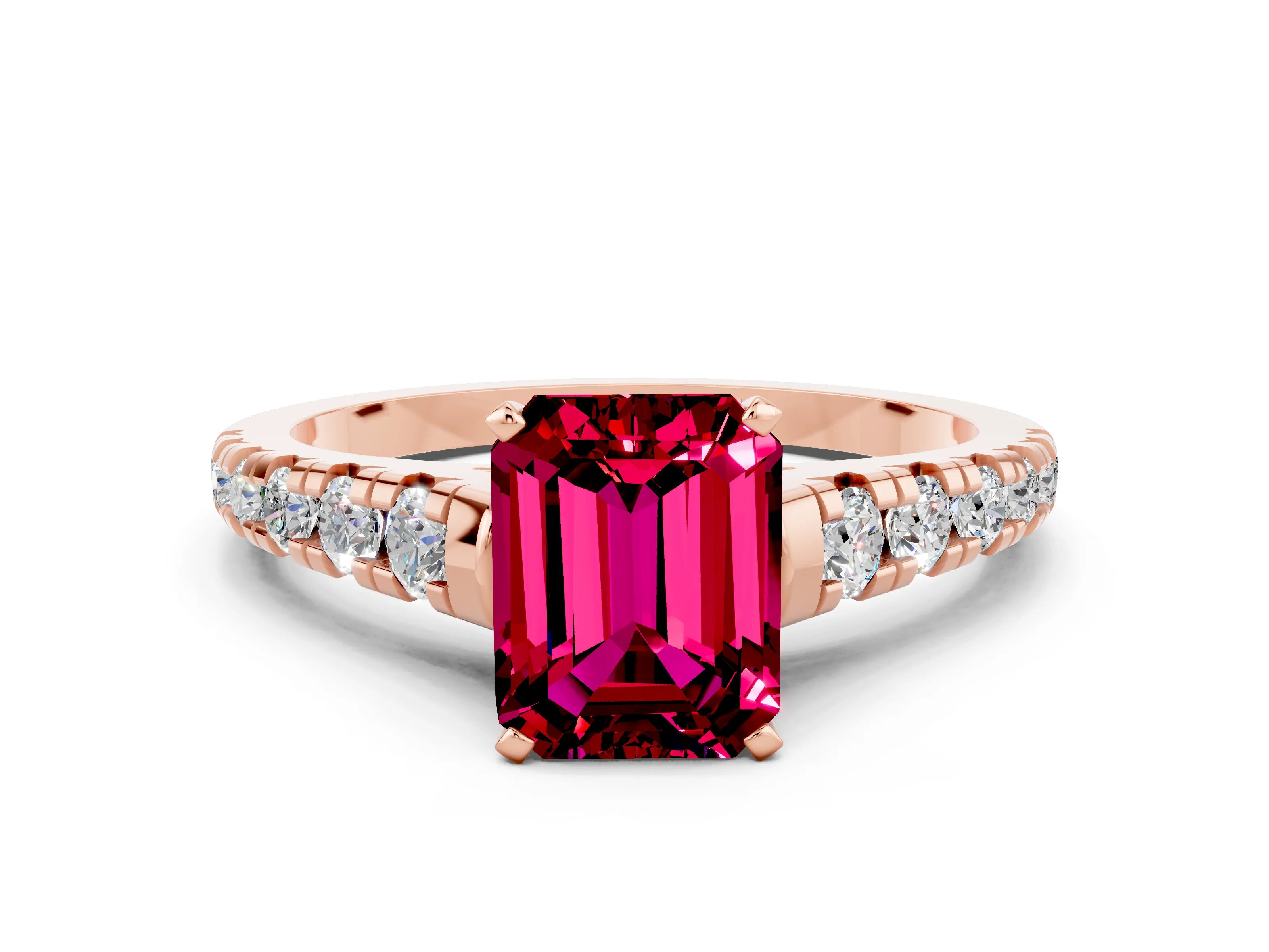 Rose gold Emerald Cut Garnet Solitaire Ring with Cathedral Setting and Pavé Band