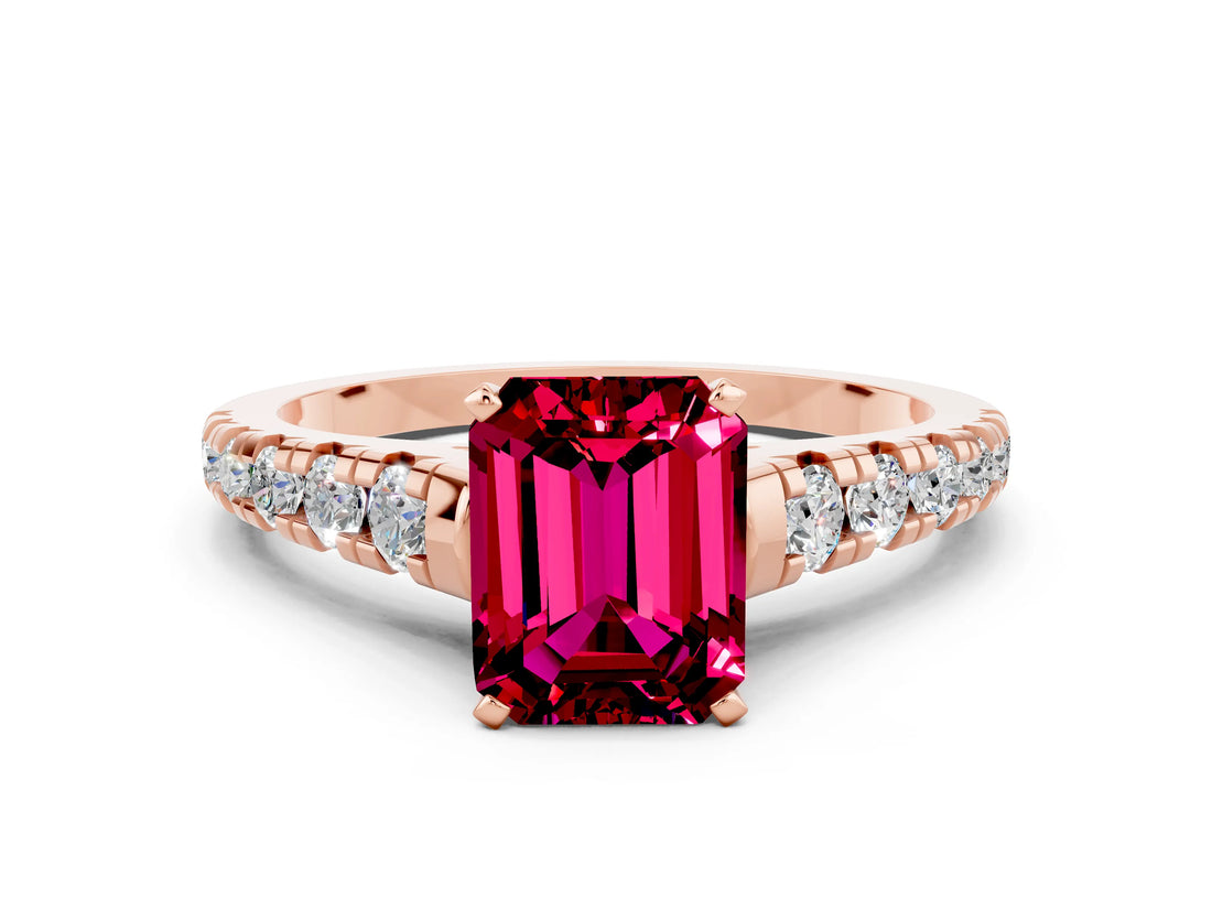 Rose gold Emerald Cut Garnet Solitaire Ring with Cathedral Setting and Pavé Band