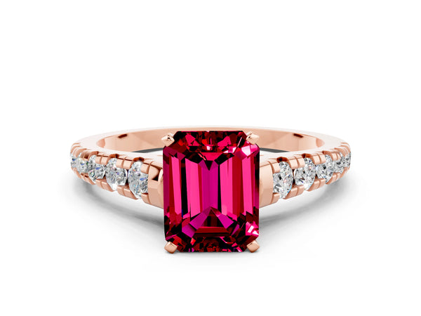 Rose gold Emerald Cut Garnet Cathedral Solitaire Ring with Round  Pavé Band