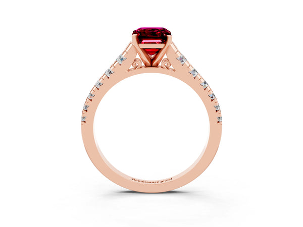 Rose gold Emerald Cut Garnet Cathedral Solitaire Ring with Round  Pavé Band