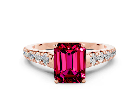 Rose gold Emerald Cut Garnet Solitaire Ring with Cathedral Setting and Pavé Band