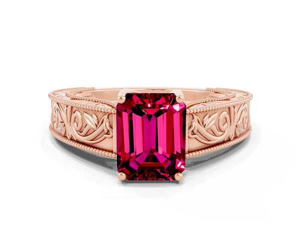 Rose gold Emerald Cut Garnet Solitaire Ring with Engraved Band and Four-Prong Setting