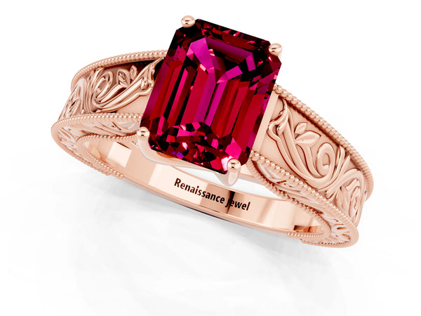 Rose gold Emerald Cut Garnet Solitaire Ring with Engraved Band and Four-Prong Setting