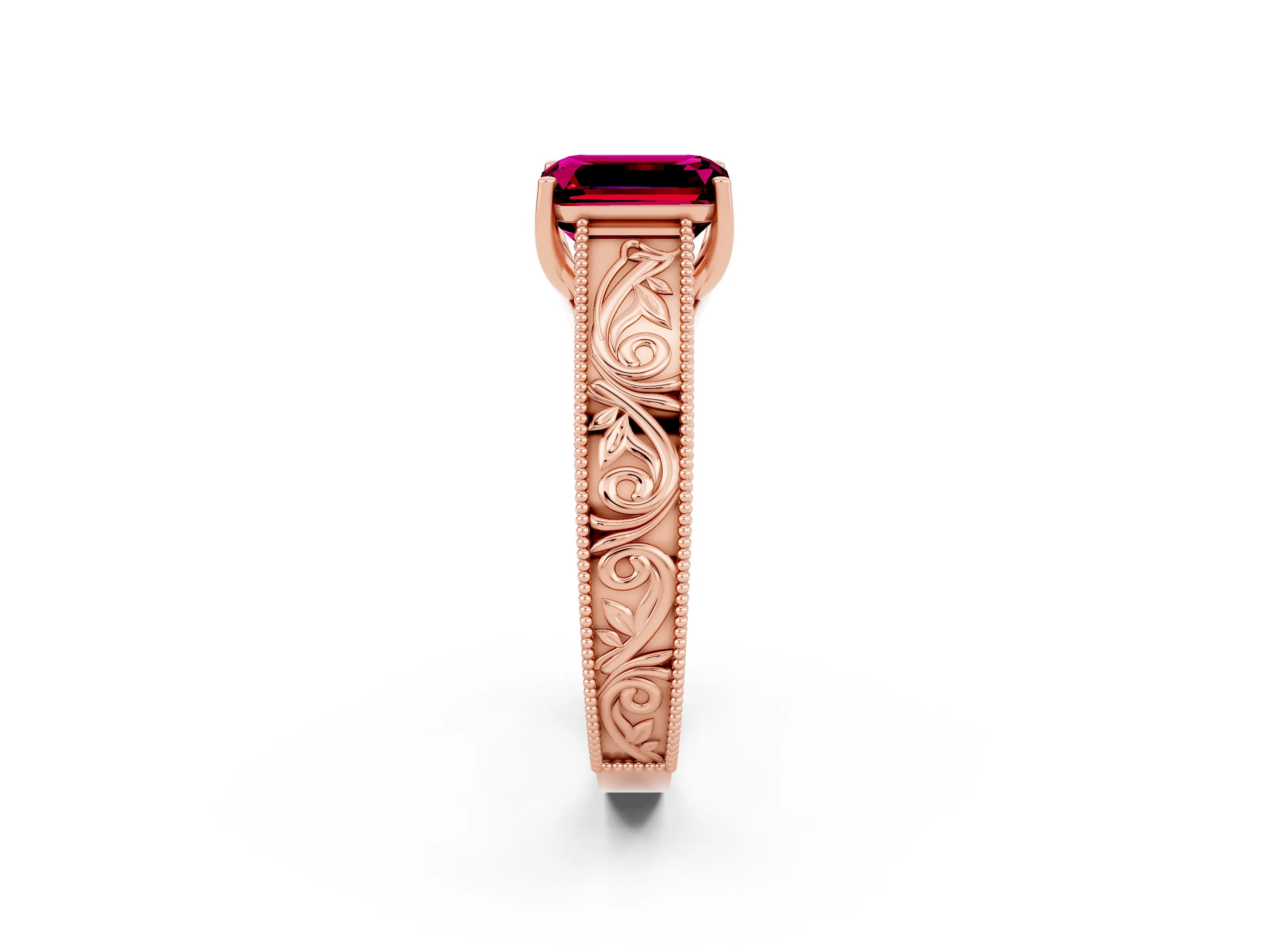 Rose gold Emerald Cut Garnet Solitaire Ring with Engraved Band and Four-Prong Setting_2