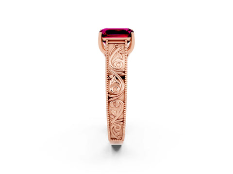 Rose gold Emerald Cut Garnet Solitaire Ring with Engraved Band and Four-Prong Setting_2
