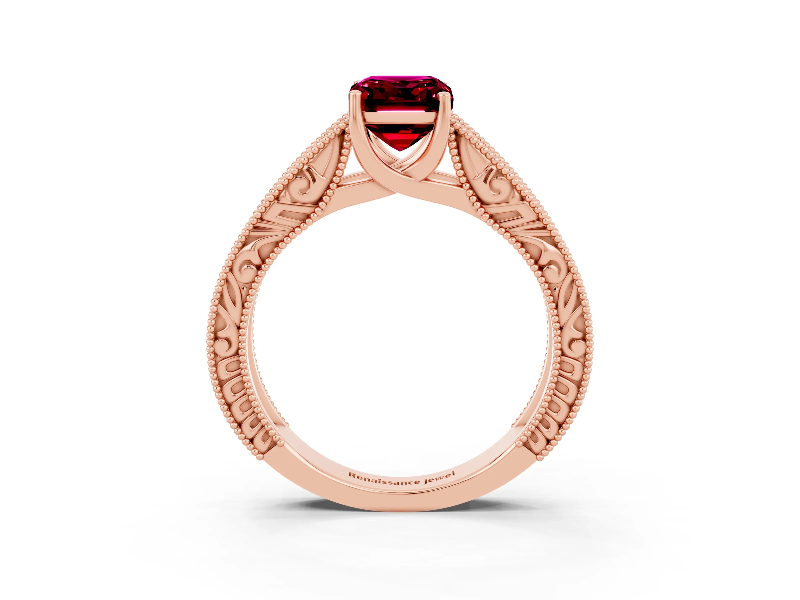 Rose gold Emerald Cut Garnet Solitaire Ring with Engraved Band and Four-Prong Setting_3