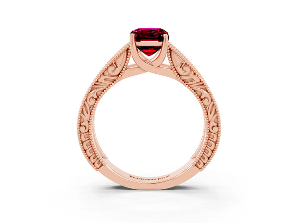 Rose gold Emerald Cut Garnet Solitaire Ring with Engraved Band and Four-Prong Setting