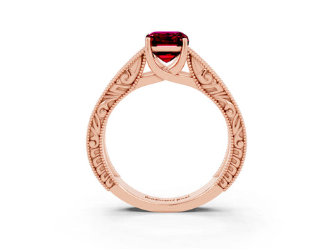 Rose gold Emerald Cut Garnet Solitaire Ring with Engraved Band and Four-Prong Setting_3
