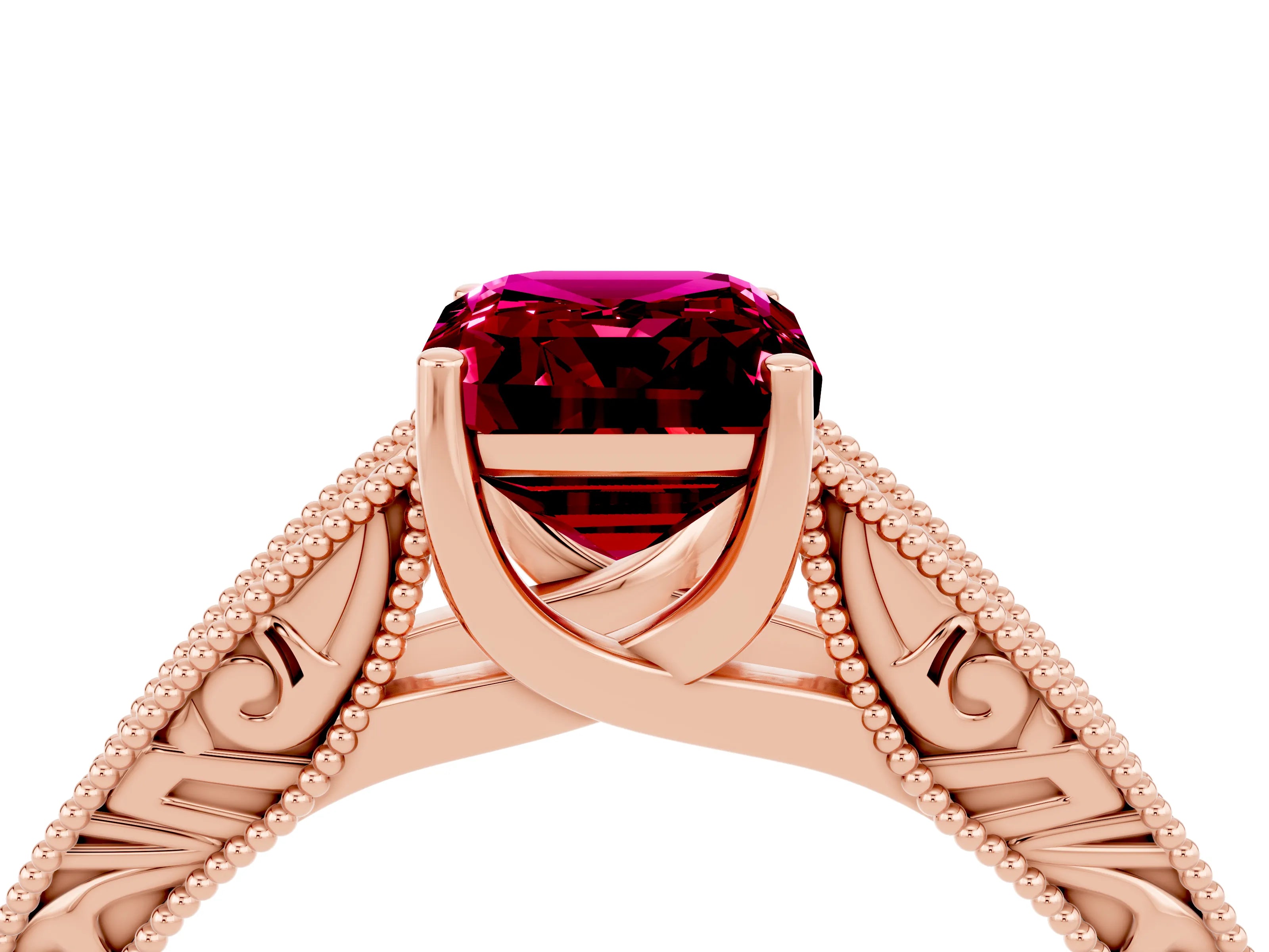 Rose gold Emerald Cut Garnet Solitaire Ring with Engraved Band and Four-Prong Setting_4