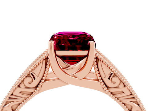 Rose gold Emerald Cut Garnet Solitaire Ring with Engraved Band and Four-Prong Setting_4