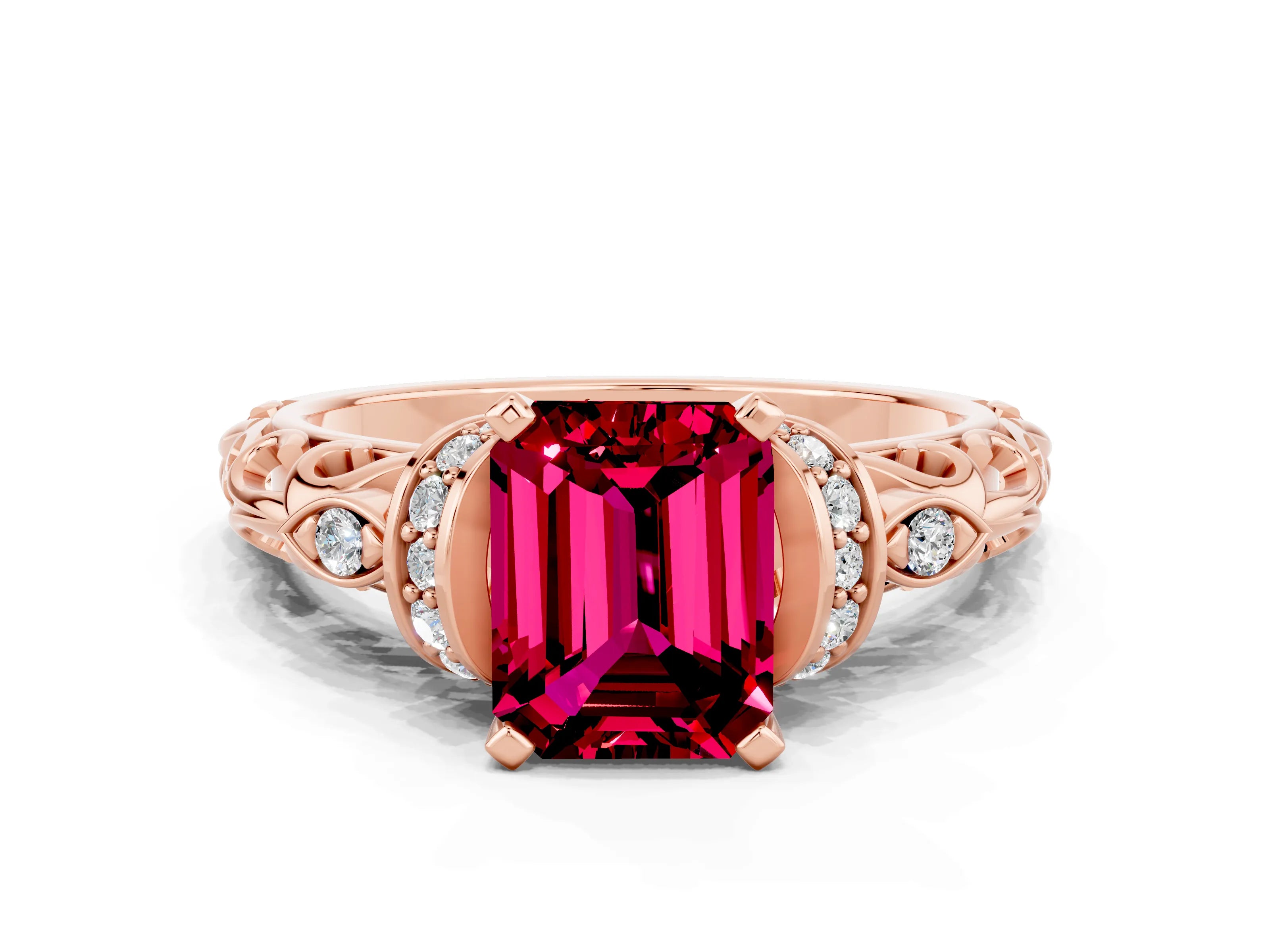 Rose gold Emerald Cut Garnet Solitaire Ring with Filigree Band and Four-Prong Setting_24