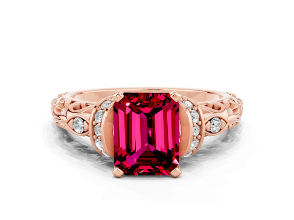 Rose gold Emerald Cut Garnet Solitaire Ring with Filigree Band and Four-Prong Setting