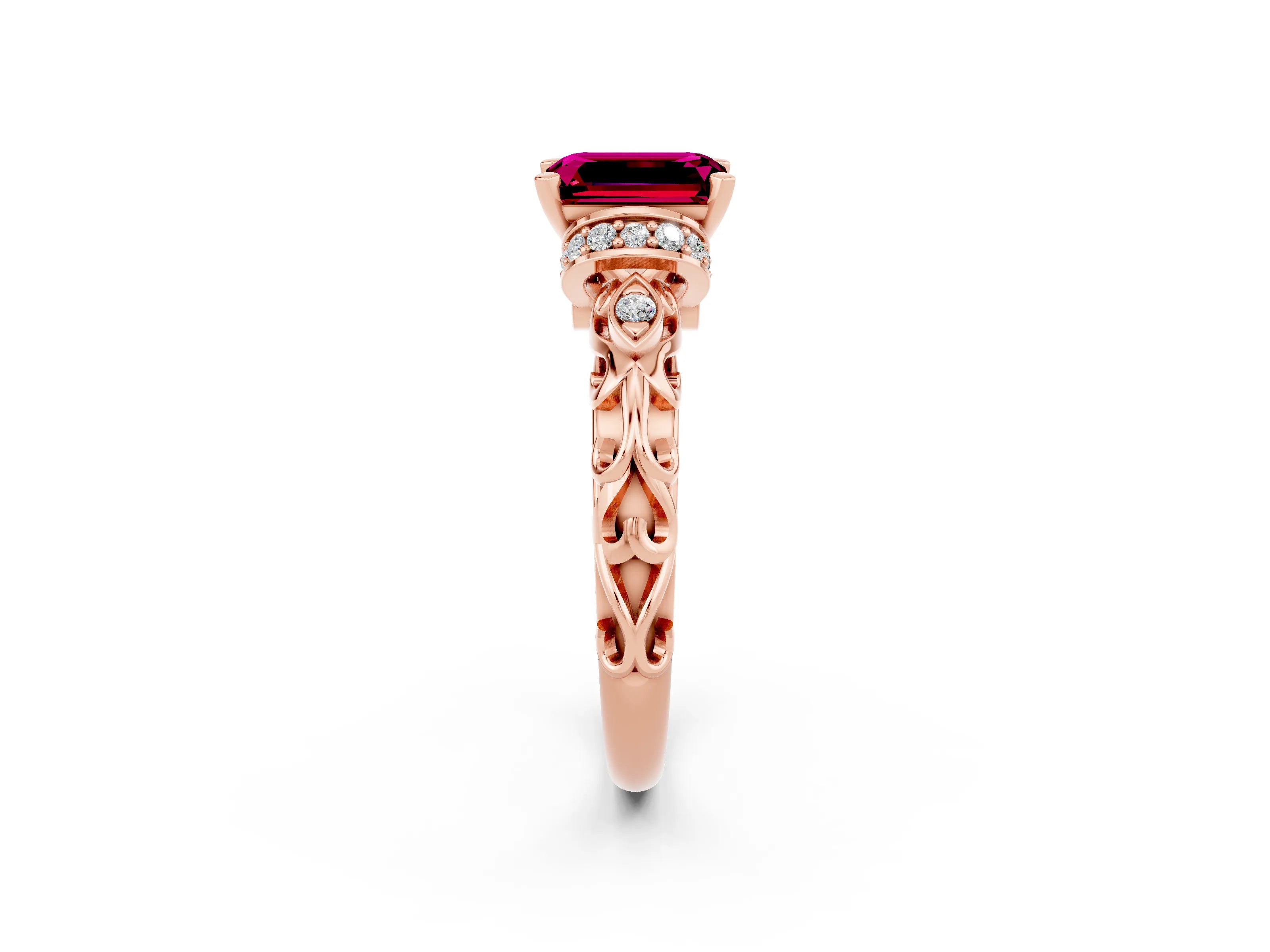 Rose gold Emerald Cut Garnet Solitaire Ring with Filigree Band and Four-Prong Setting_26