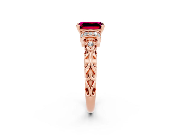 Rose gold Emerald Cut Garnet Solitaire Ring with Filigree Band and Four-Prong Setting
