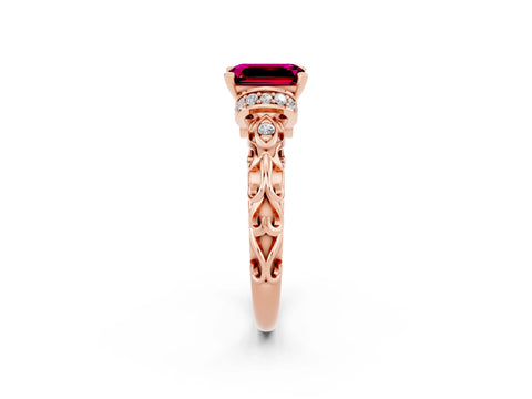 Rose gold Emerald Cut Garnet Solitaire Ring with Filigree Band and Four-Prong Setting_26
