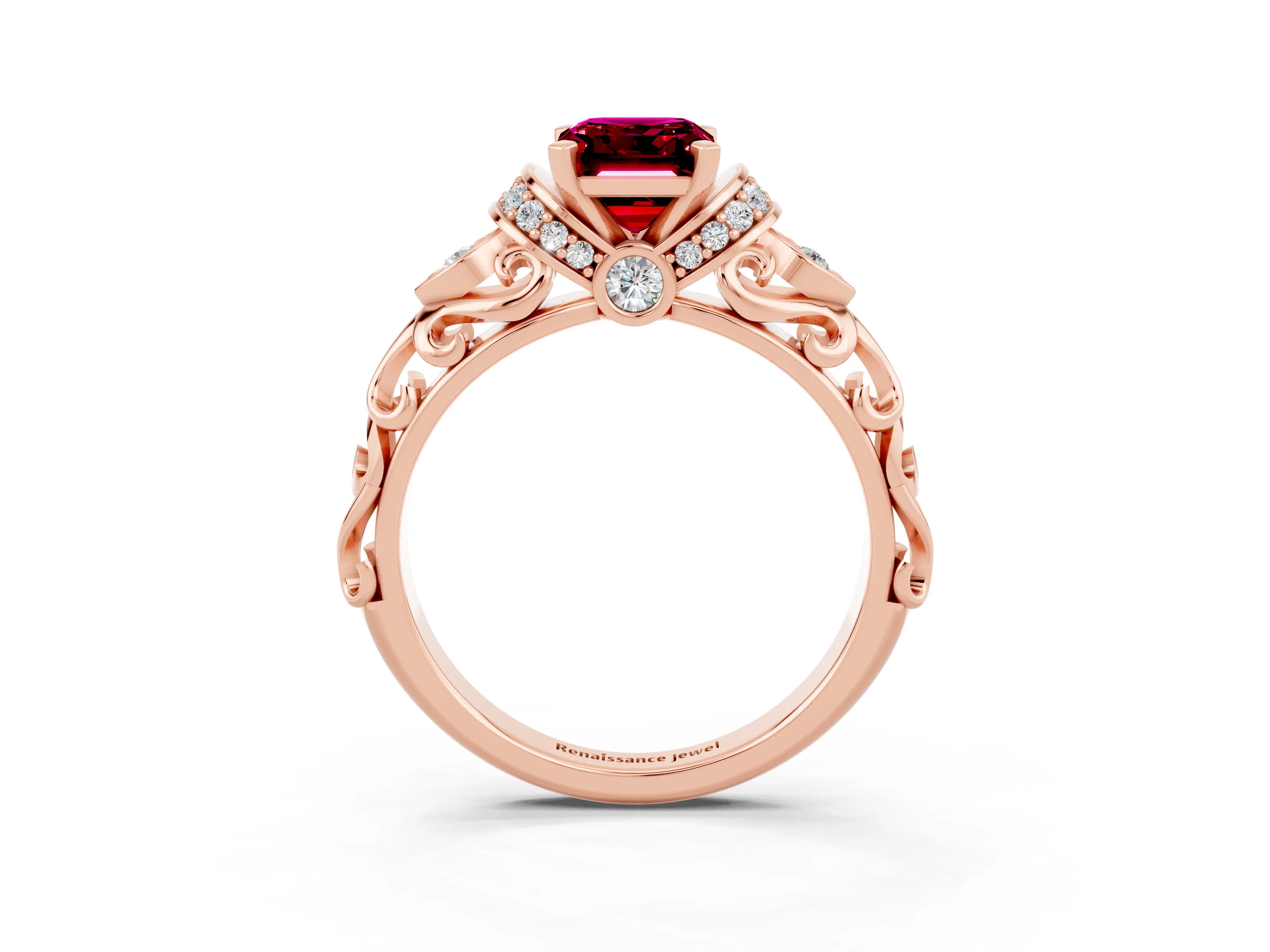 Rose gold Emerald Cut Garnet Solitaire Ring with Filigree Band and Four-Prong Setting_27