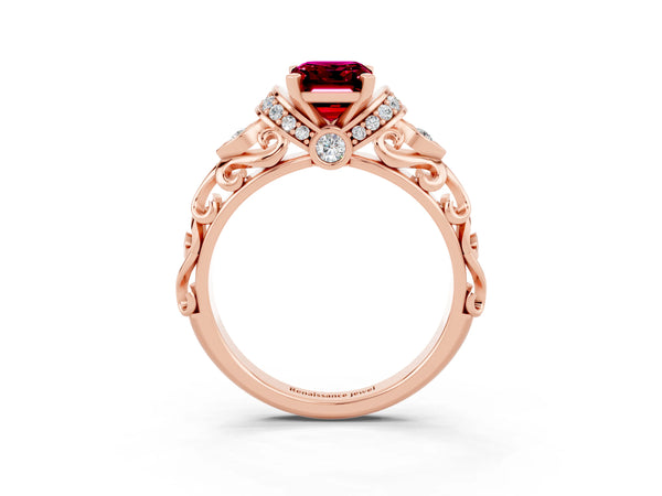 Rose gold Emerald Cut Garnet Solitaire Ring with Filigree Band and Four-Prong Setting