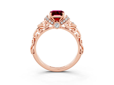 Rose gold Emerald Cut Garnet Solitaire Ring with Filigree Band and Four-Prong Setting_27