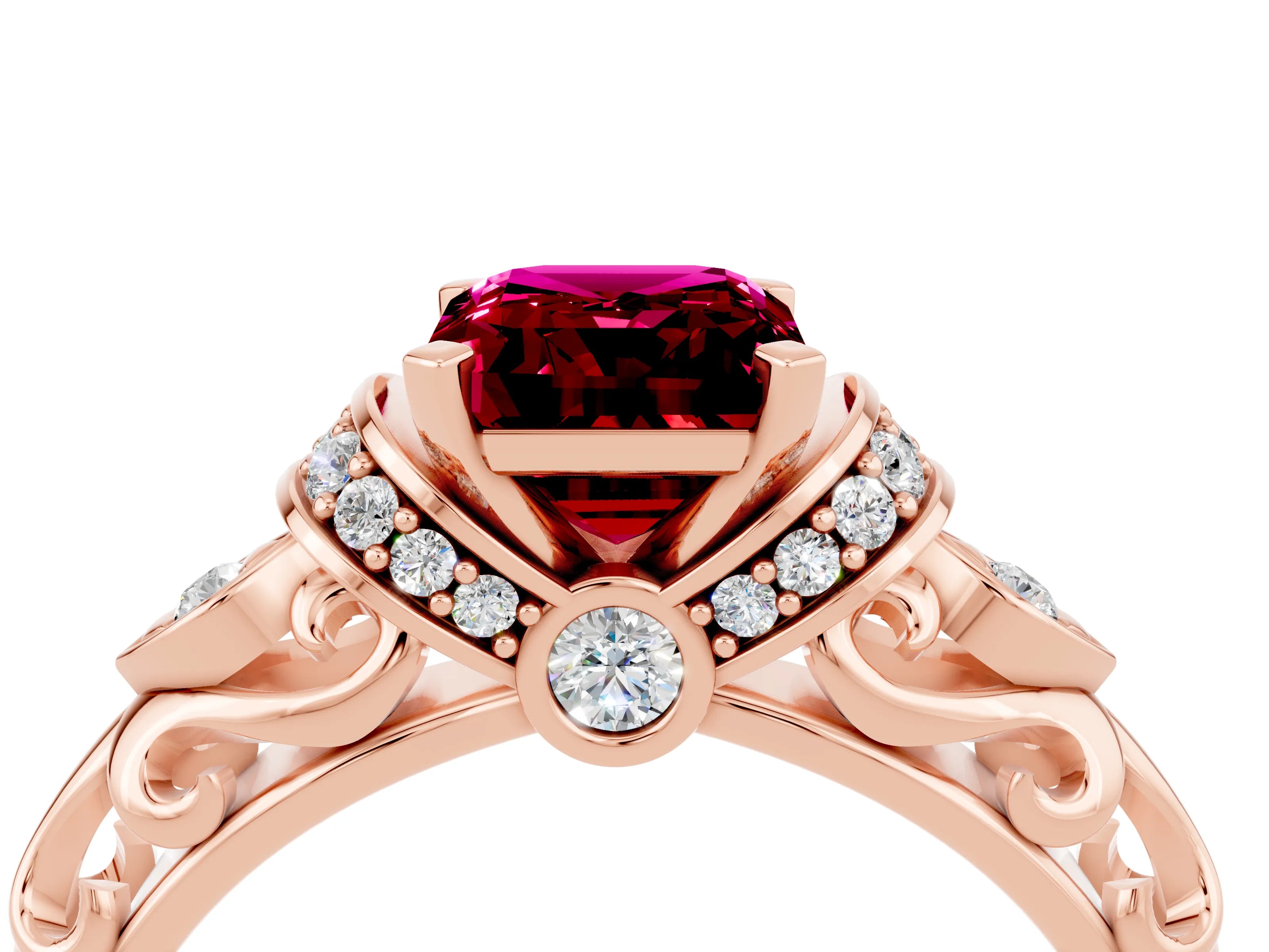 Rose gold Emerald Cut Garnet Solitaire Ring with Filigree Band and Four-Prong Setting_28